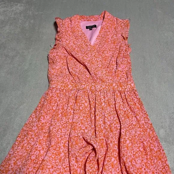 Rachel Zoe Dress Womens 4 Pink Orange Floral Tiered Faux Wrap Ruffle Beach - Picture 3 of 8